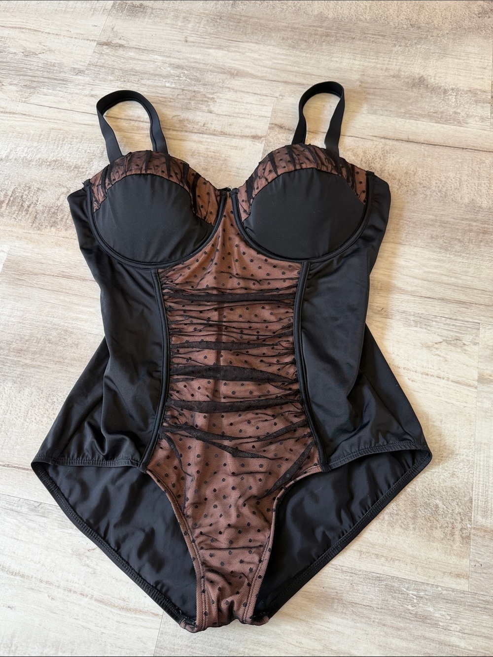 Swimsuits For All Black and Brown Polka Dot lace One-Piece Swimsuit